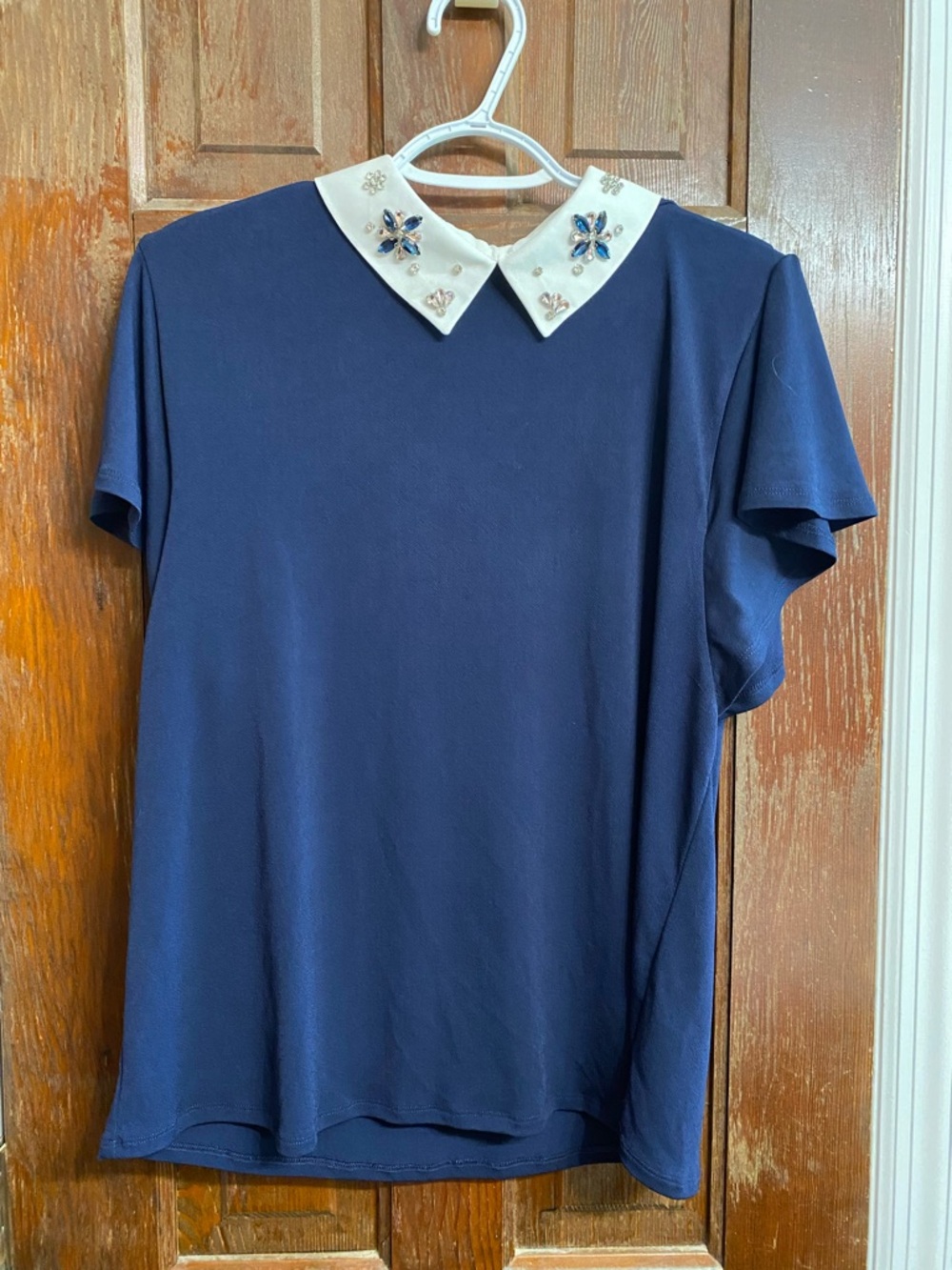 Faith and Joy Navy Top with White Jeweled Collar